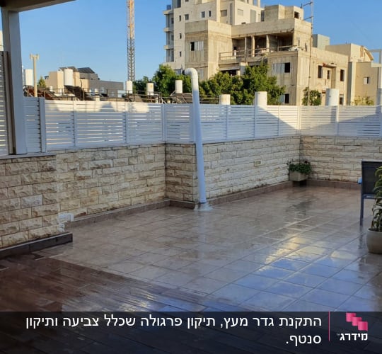 מרפסת עם רצפת עץ וצמחים בעציצים